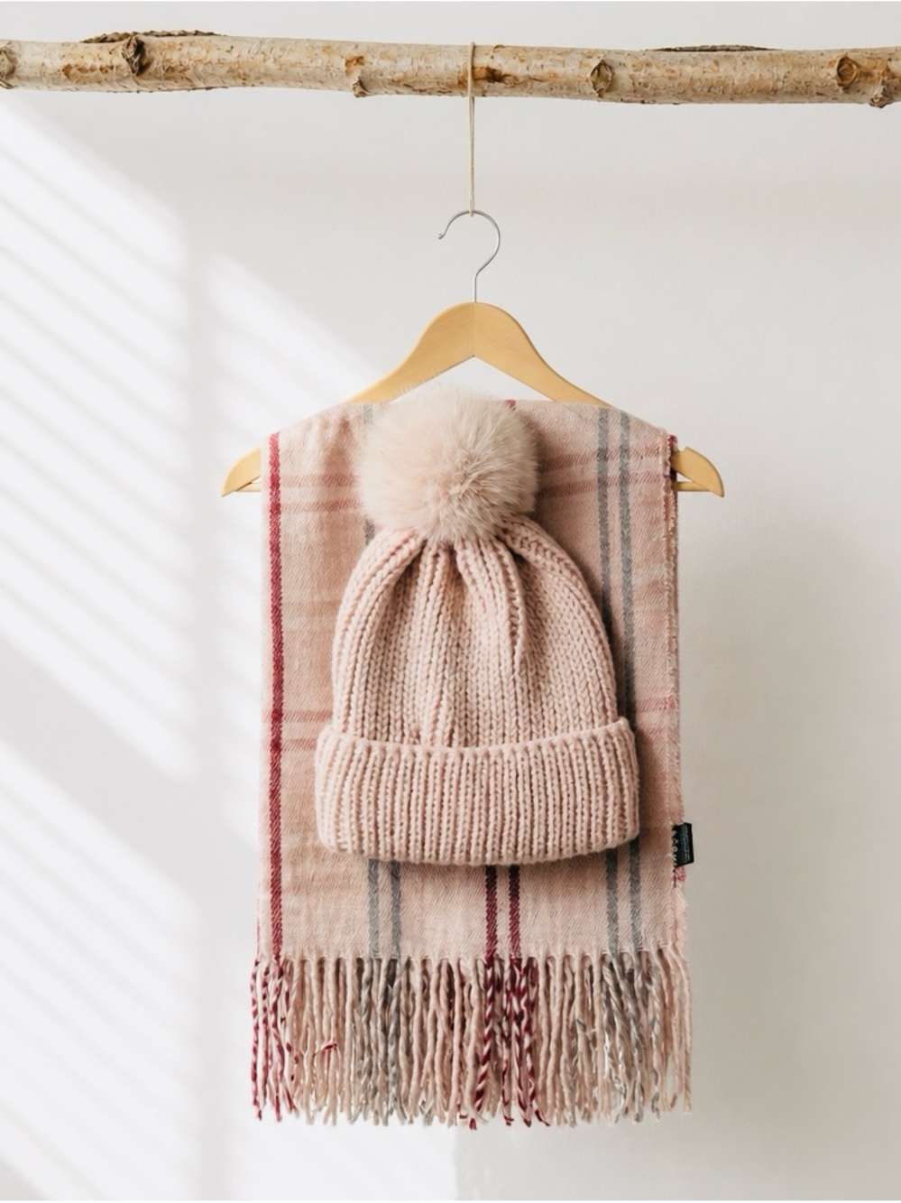Steve Madden Women's Plaid Pink Knit Pom Beanie and Scarf Set